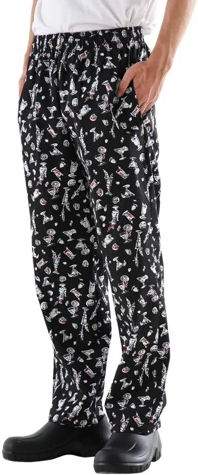 Mens and Women's Baggy Printed Chef Pants Kitchen Uniforms with Elastic Waist Floral Restaurant Work Pants