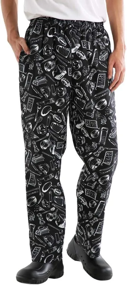 Mens and Women's Baggy Printed Chef Pants Kitchen Uniforms with Elastic Waist Floral Restaurant Work Pants