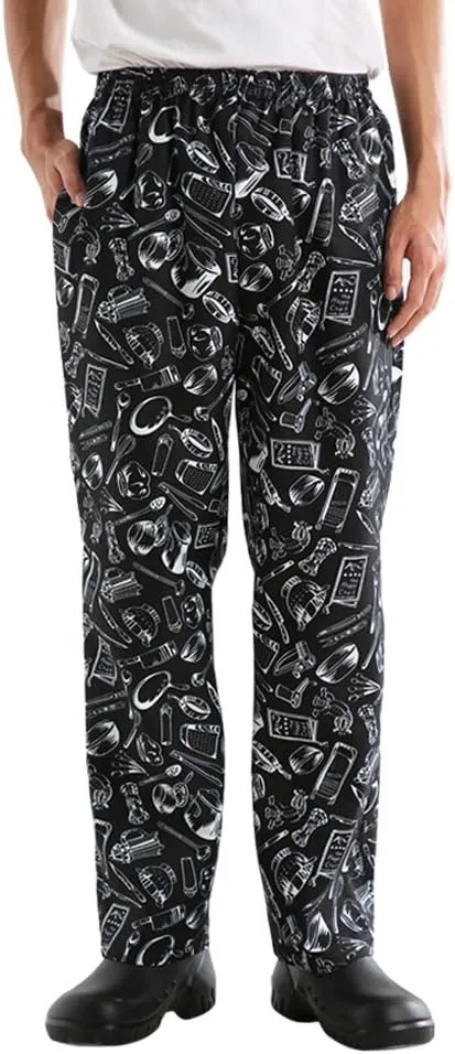 Mens and Women's Baggy Printed Chef Pants Kitchen Uniforms with Elastic Waist Floral Restaurant Work Pants