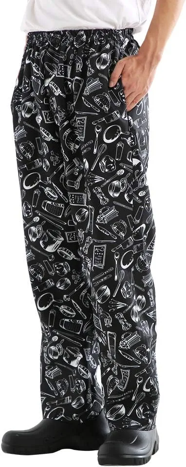 Mens and Women's Baggy Printed Chef Pants Kitchen Uniforms with Elastic Waist Floral Restaurant Work Pants