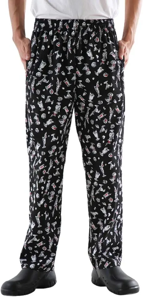 Mens and Women's Baggy Printed Chef Pants Kitchen Uniforms with Elastic Waist Floral Restaurant Work Pants