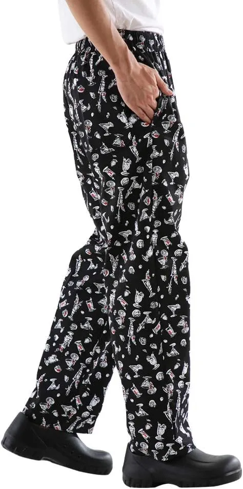 Mens and Women's Baggy Printed Chef Pants Kitchen Uniforms with Elastic Waist Floral Restaurant Work Pants