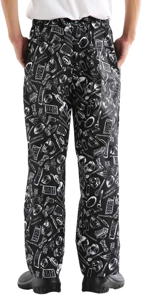 Mens and Women's Baggy Printed Chef Pants Kitchen Uniforms with Elastic Waist Floral Restaurant Work Pants