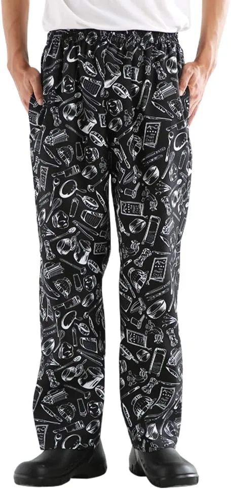 Mens and Women's Baggy Printed Chef Pants Kitchen Uniforms with Elastic Waist Floral Restaurant Work Pants