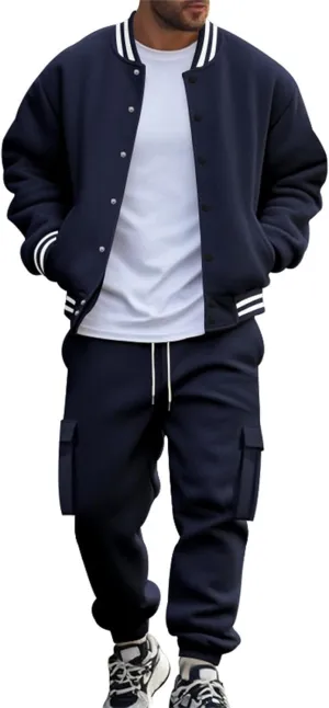 Men's Casual Active Tracksuits Trendy Bomber Jacket Letterman Varsity Jackets Cargo Joggers Sweatpant Matching Sets