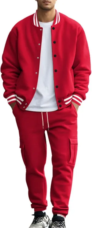Men's Casual Active Tracksuits Trendy Bomber Jacket Letterman Varsity Jackets Cargo Joggers Sweatpant Matching Sets