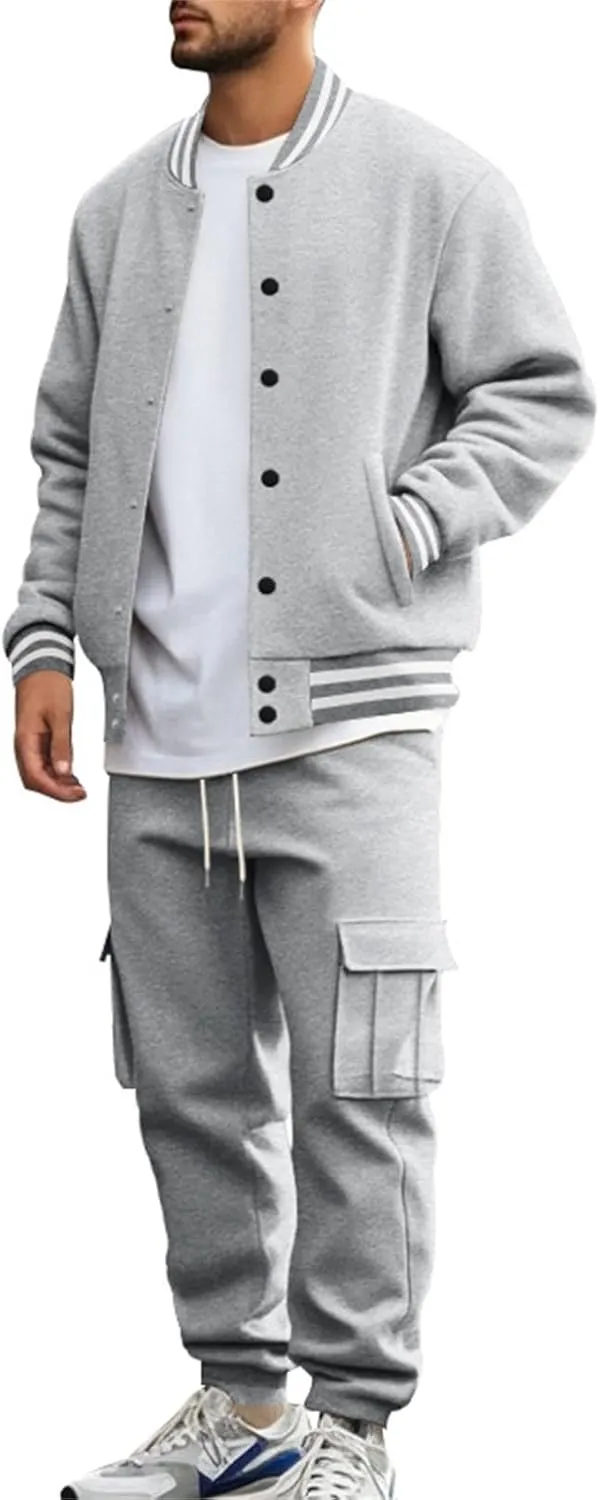 Men's Casual Active Tracksuits Trendy Bomber Jacket Letterman Varsity Jackets Cargo Joggers Sweatpant Matching Sets