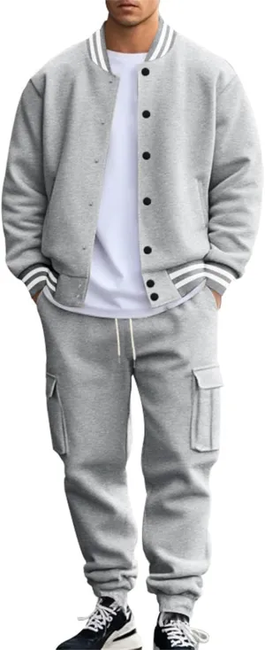 Men's Casual Active Tracksuits Trendy Bomber Jacket Letterman Varsity Jackets Cargo Joggers Sweatpant Matching Sets