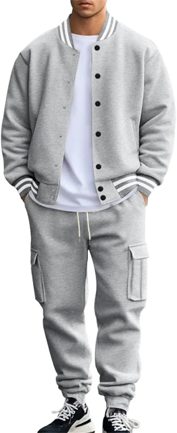 Men's Casual Active Tracksuits Trendy Bomber Jacket Letterman Varsity Jackets Cargo Joggers Sweatpant Matching Sets