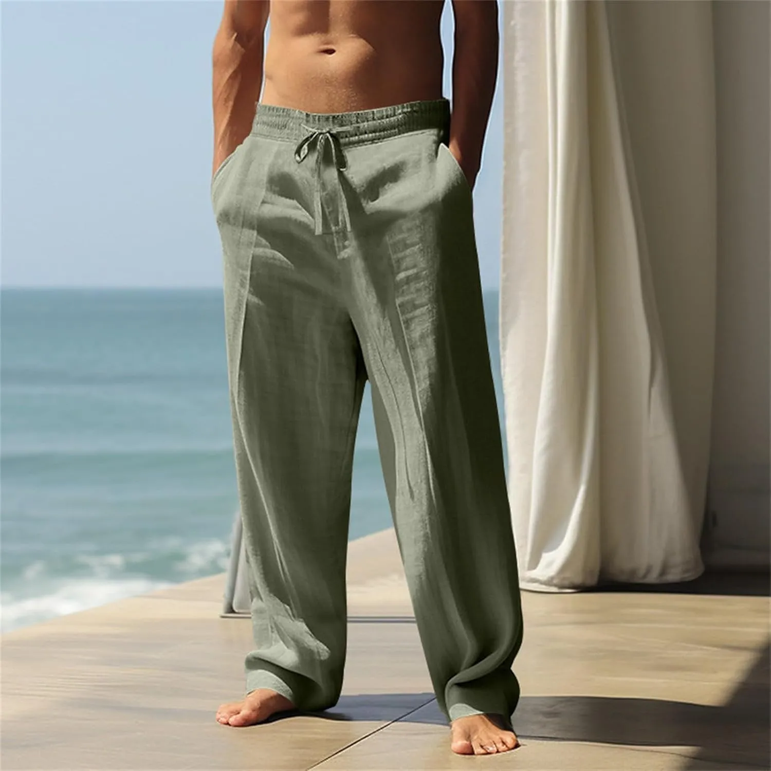 Men's Casual Linen Patch Bag Loose Drawstring Straight Leg Summer Beach Yoga Pants 2025