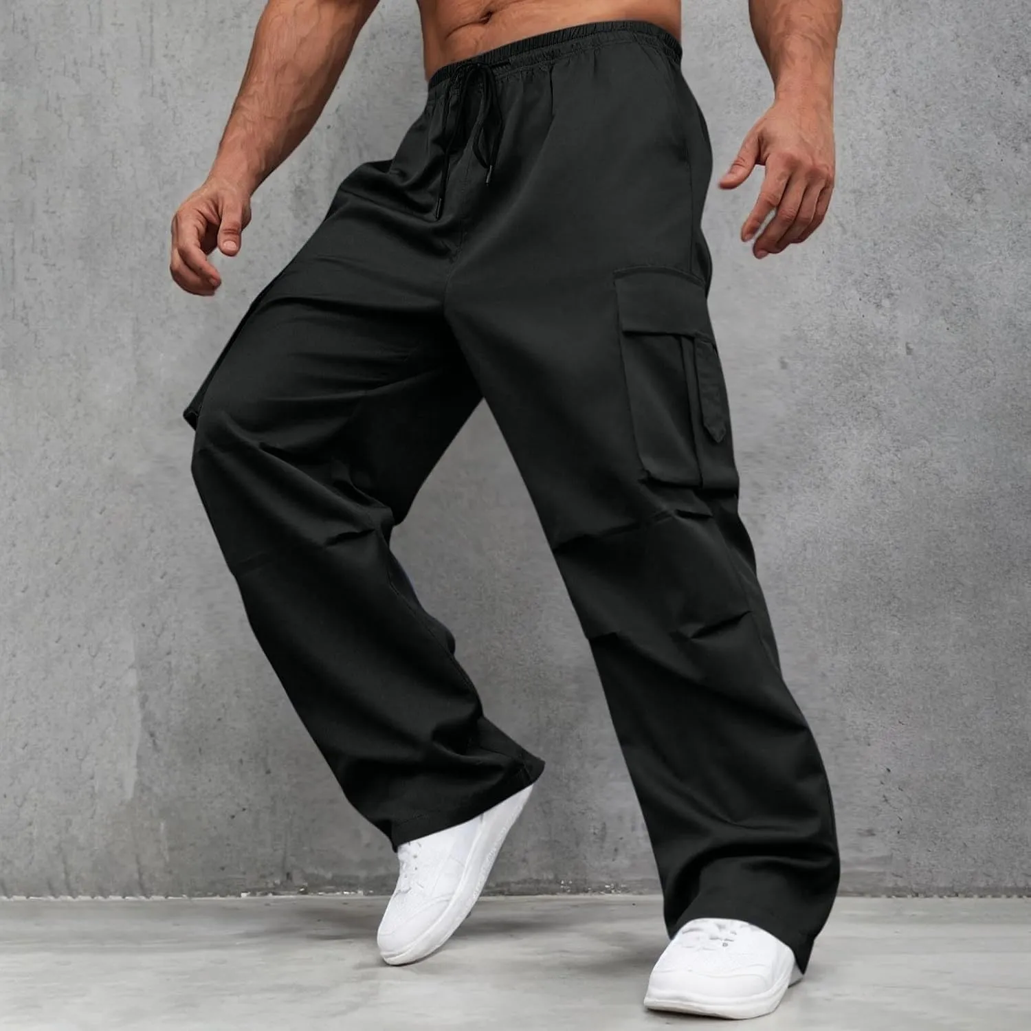 Men's Casual Loose Cargo Pants Straight Multi-Pocket Work Pants