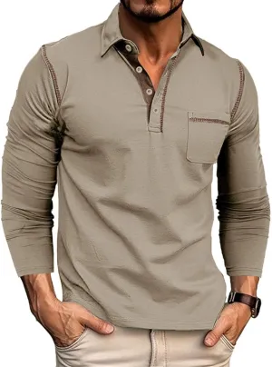 Men's Casual Polo Shirts Classic Long Sleeve Basic Button T-Shirt Lightweight Cotton Golf Tops with Pocket