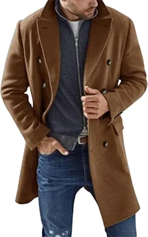 Men's Casual Solid Color Mid-Length Woolen Coat Fashion Thermal Wool Blend Thick Jackets Double Breasted Trench Coats