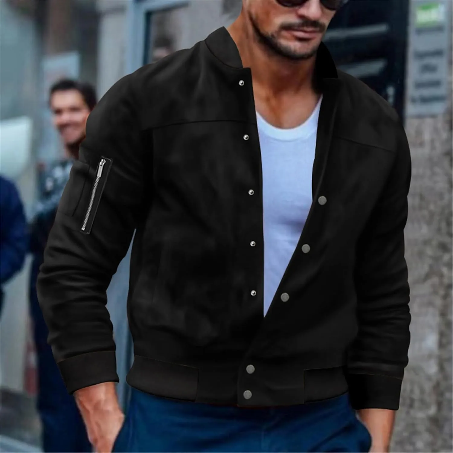 Men's Casual Suede Bomber Jacket Lightweight Snap Button Down Jackets Vintage Faux Leather Jacket for Men