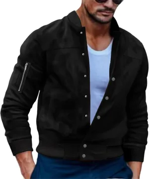 Men's Casual Suede Bomber Jacket Lightweight Snap Button Down Jackets Vintage Faux Leather Jacket for Men