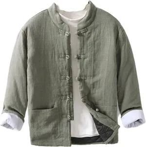 Men's Chinese Style Collarless Button-Up Thickened Cotton Padded Coat - Loose Casual Coat