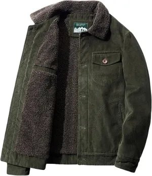 Mens Corduroy Jacket Sherpa Lined Trucker Cotton Lapel Collar Button Down Jackets Warm Winter Casual Work Padded Coat