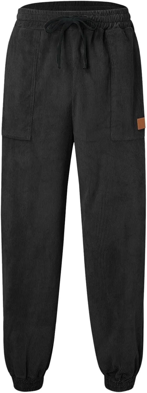 Mens Corduroy Tapered Joggers Sweatpants Drawstring Elastic Waist Baggy Cargo Pants Oversized Loose Casual Harem Pant