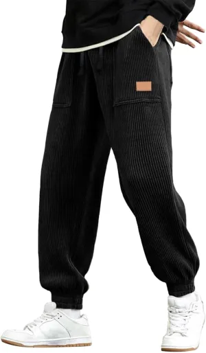 Mens Corduroy Tapered Joggers Sweatpants Drawstring Elastic Waist Baggy Cargo Pants Oversized Loose Casual Harem Pant