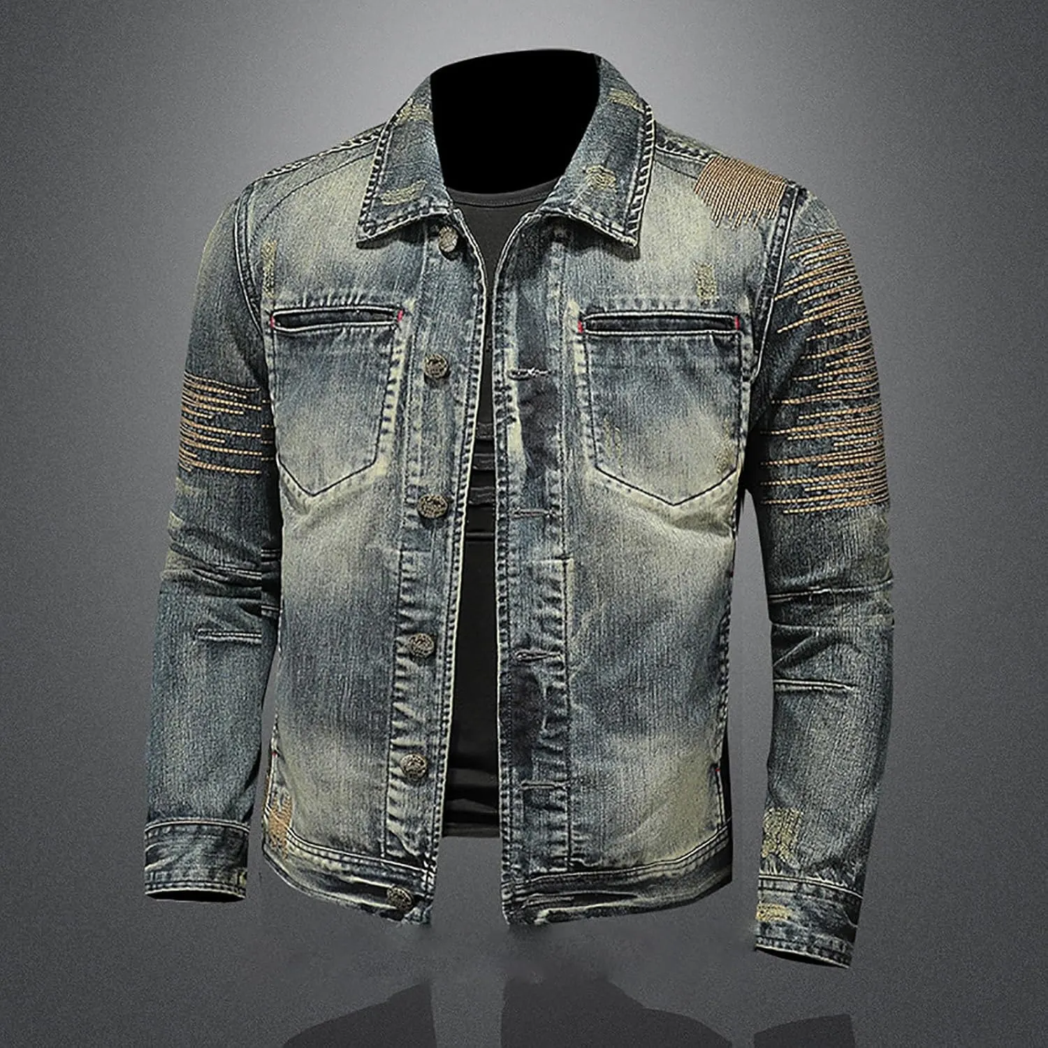 Men's Denim Jacket Fashion Punk Style Hipster Streetwear Coat Zip Pocket Stand Collar Plus Size Cargo Outwear Tops