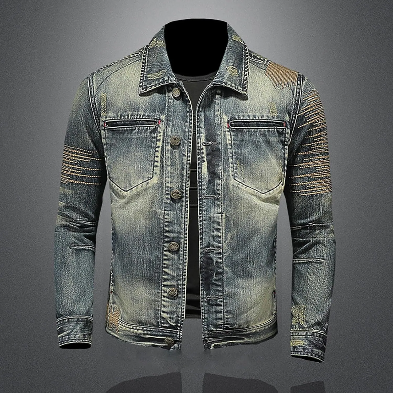 Men's Denim Jacket Fashion Punk Style Hipster Streetwear Coat Zip Pocket Stand Collar Plus Size Cargo Outwear Tops