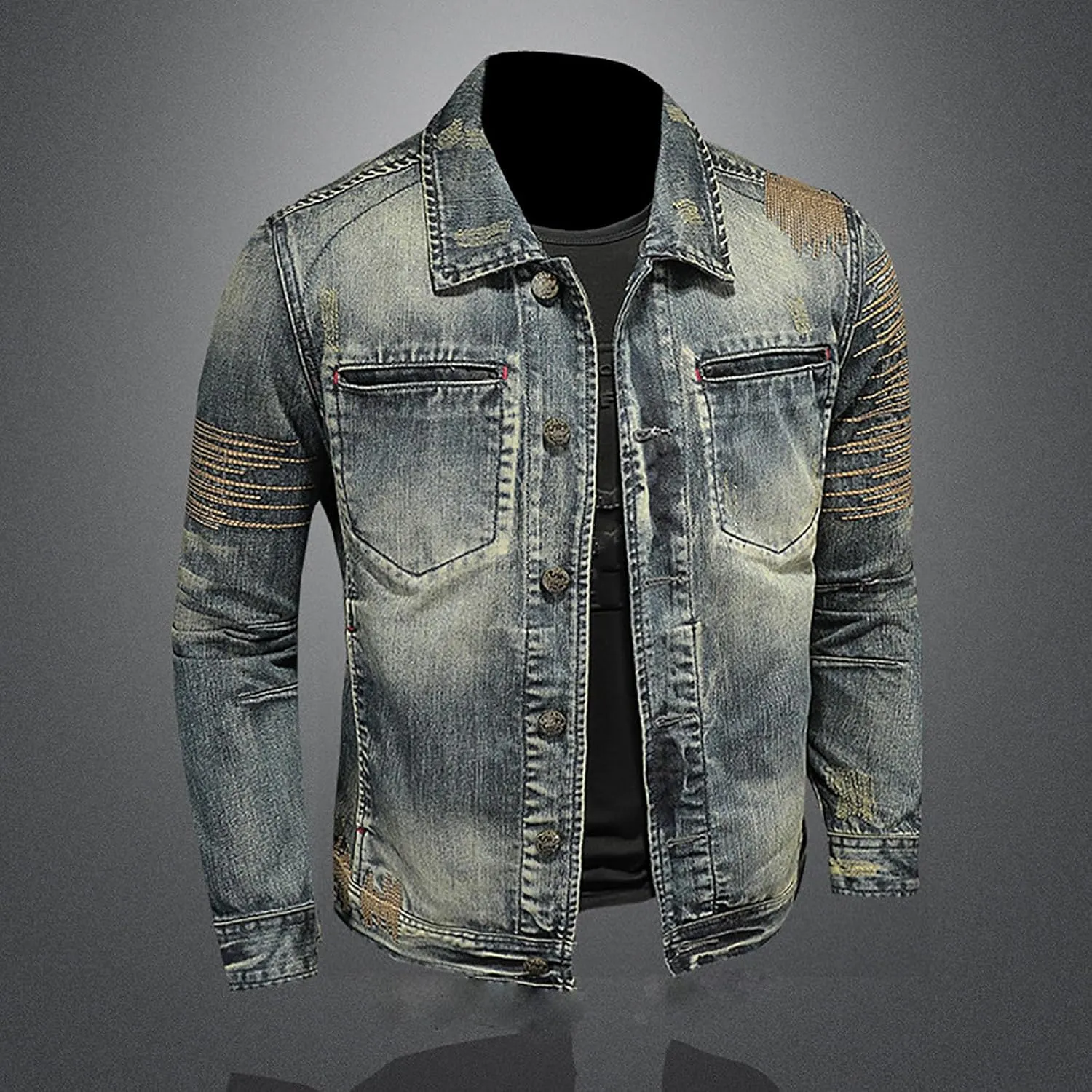 Men's Denim Jacket Fashion Punk Style Hipster Streetwear Coat Zip Pocket Stand Collar Plus Size Cargo Outwear Tops