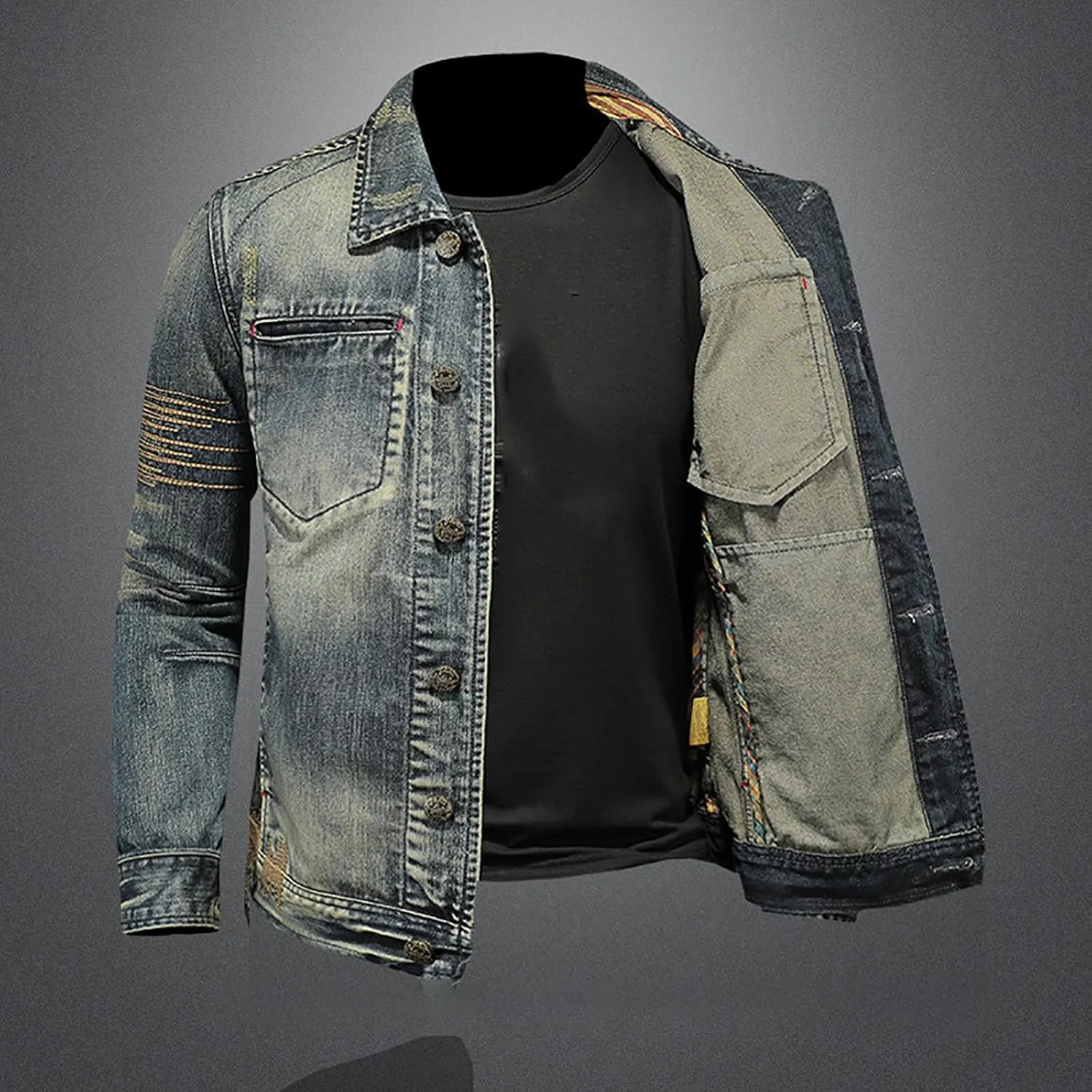 Men's Denim Jacket Fashion Punk Style Hipster Streetwear Coat Zip Pocket Stand Collar Plus Size Cargo Outwear Tops