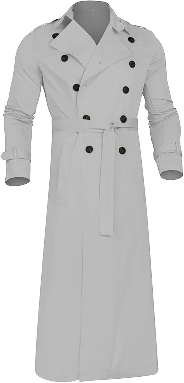 Men's Double Breasted Long Trench Coat Business Casual Oversized Windbreaker Notch Lapel Jacket Windproof Overcoat