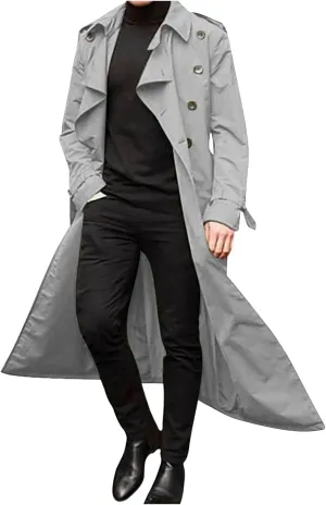 Men's Double Breasted Long Trench Coat Business Casual Oversized Windbreaker Notch Lapel Jacket Windproof Overcoat