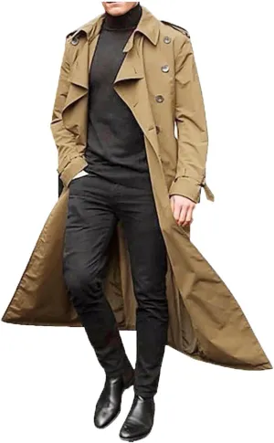Men's Double Breasted Long Trench Coat Business Casual Oversized Windbreaker Notch Lapel Jacket Windproof Overcoat