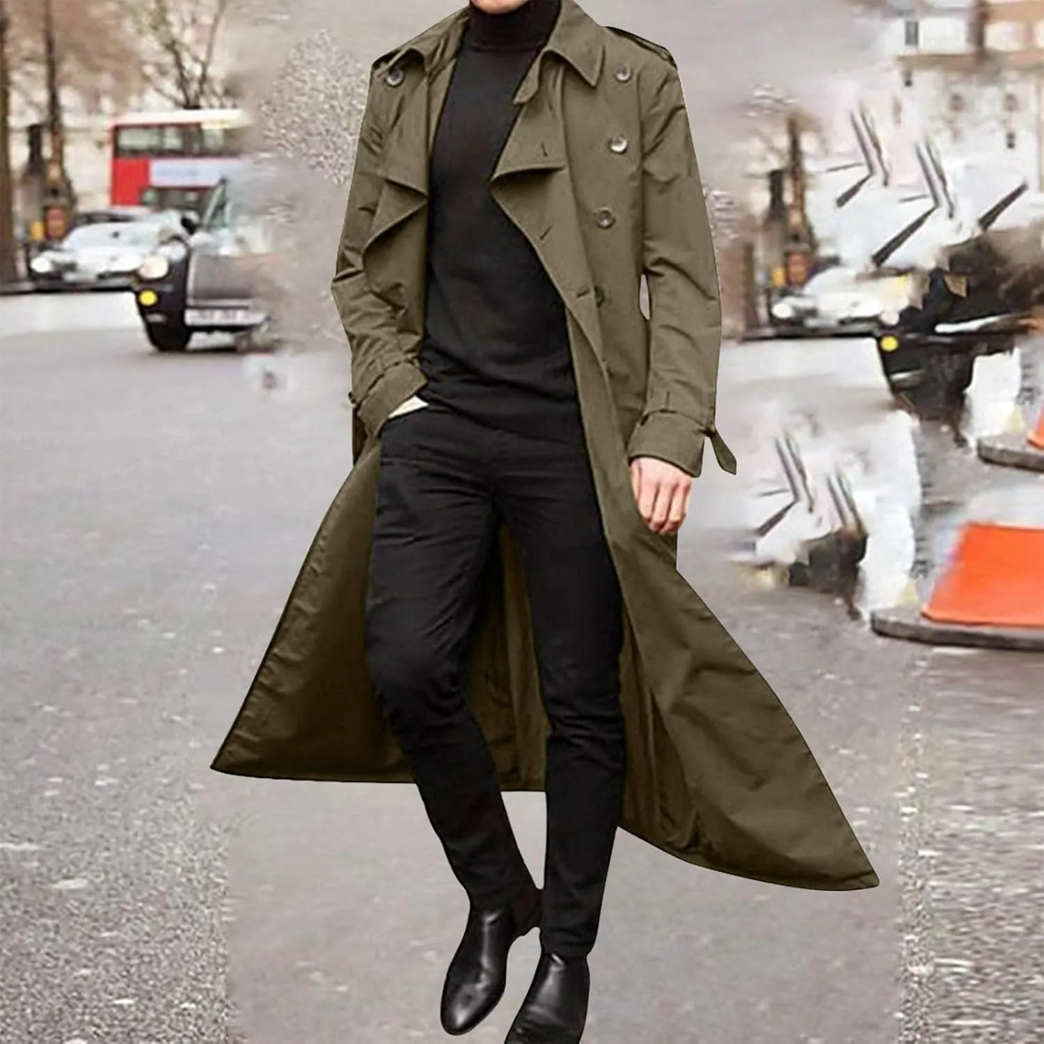 Men's Double Breasted Long Trench Coat Business Casual Oversized Windbreaker Notch Lapel Jacket Windproof Overcoat