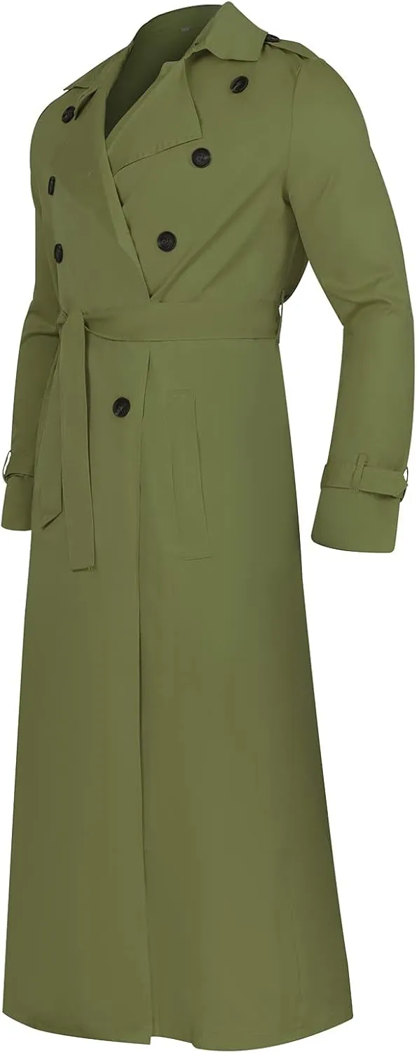Men's Double Breasted Long Trench Coat Business Casual Oversized Windbreaker Notch Lapel Jacket Windproof Overcoat