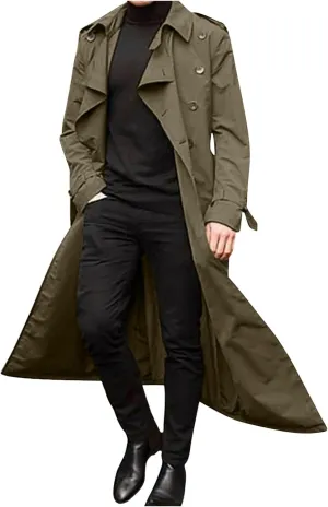 Men's Double Breasted Long Trench Coat Business Casual Oversized Windbreaker Notch Lapel Jacket Windproof Overcoat