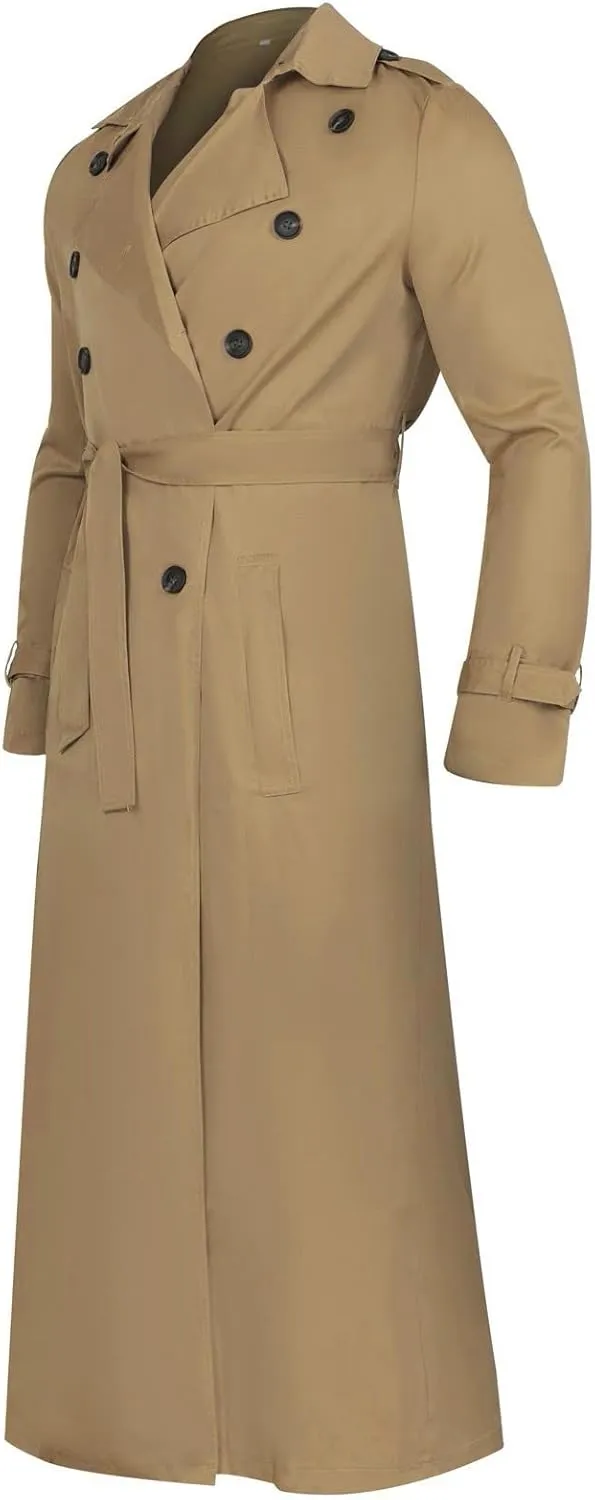 Men's Double Breasted Long Trench Coat Business Casual Oversized Windbreaker Notch Lapel Jacket Windproof Overcoat
