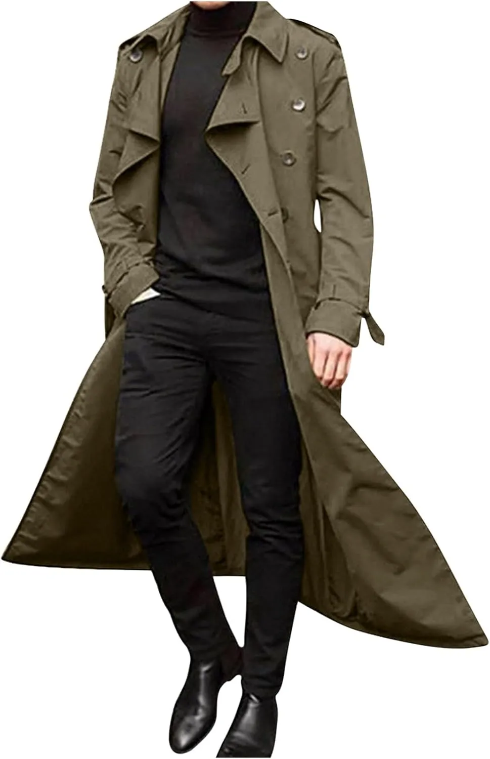 Men's Double Breasted Long Trench Coat Business Casual Oversized Windbreaker Notch Lapel Jacket Windproof Overcoat