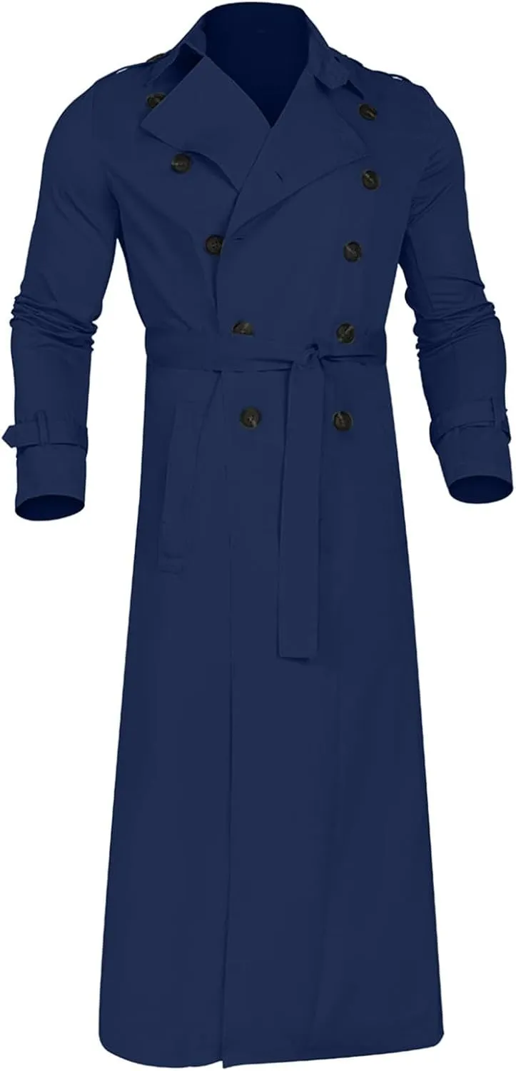 Men's Double Breasted Long Trench Coat Business Casual Oversized Windbreaker Notch Lapel Jacket Windproof Overcoat