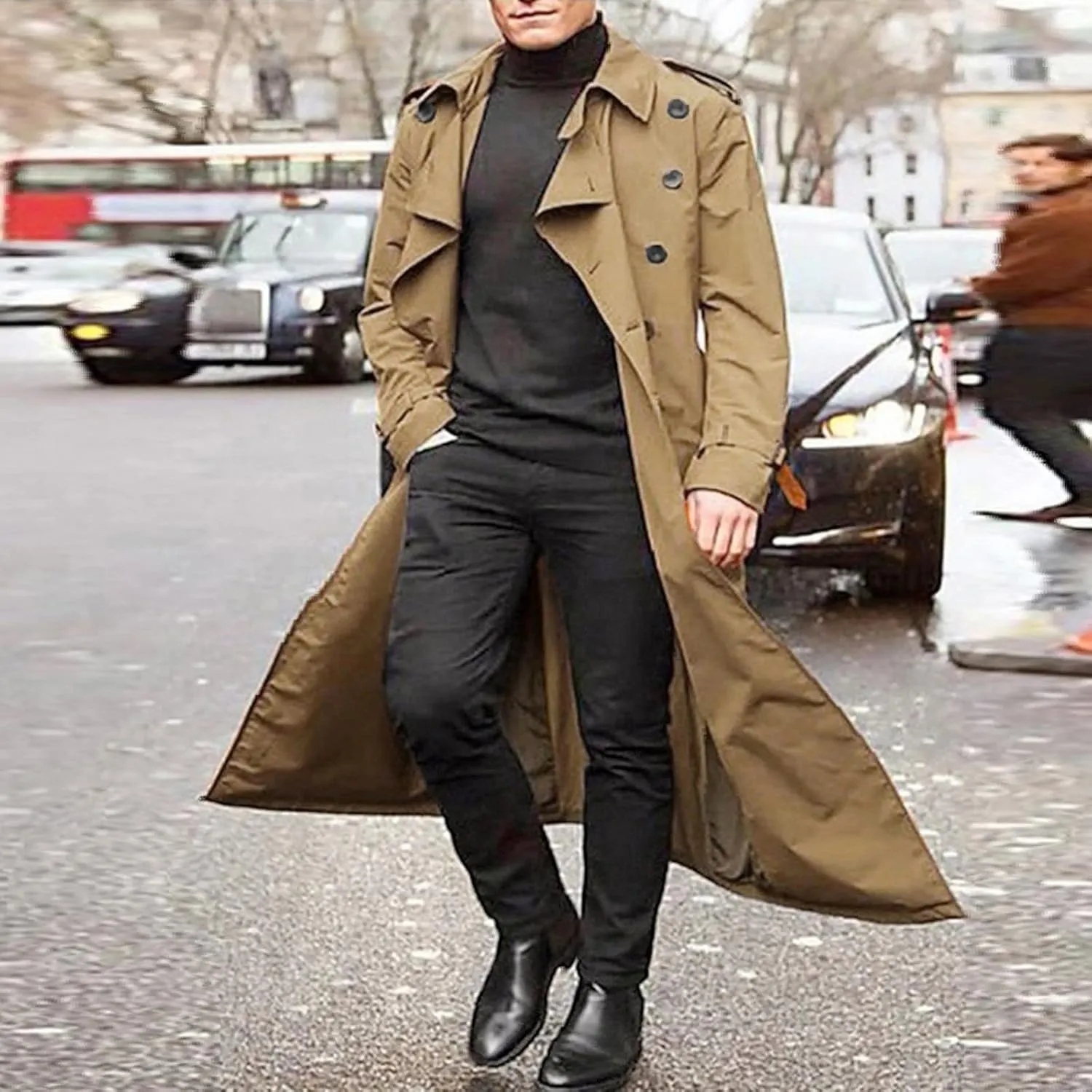 Men's Double Breasted Long Trench Coat Business Casual Oversized Windbreaker Notch Lapel Jacket Windproof Overcoat