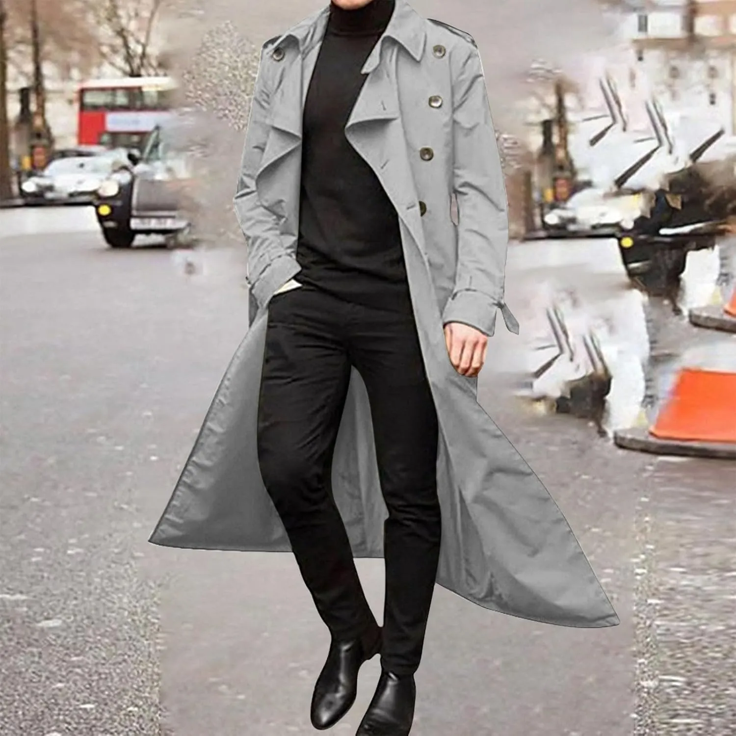 Men's Double Breasted Long Trench Coat Business Casual Oversized Windbreaker Notch Lapel Jacket Windproof Overcoat