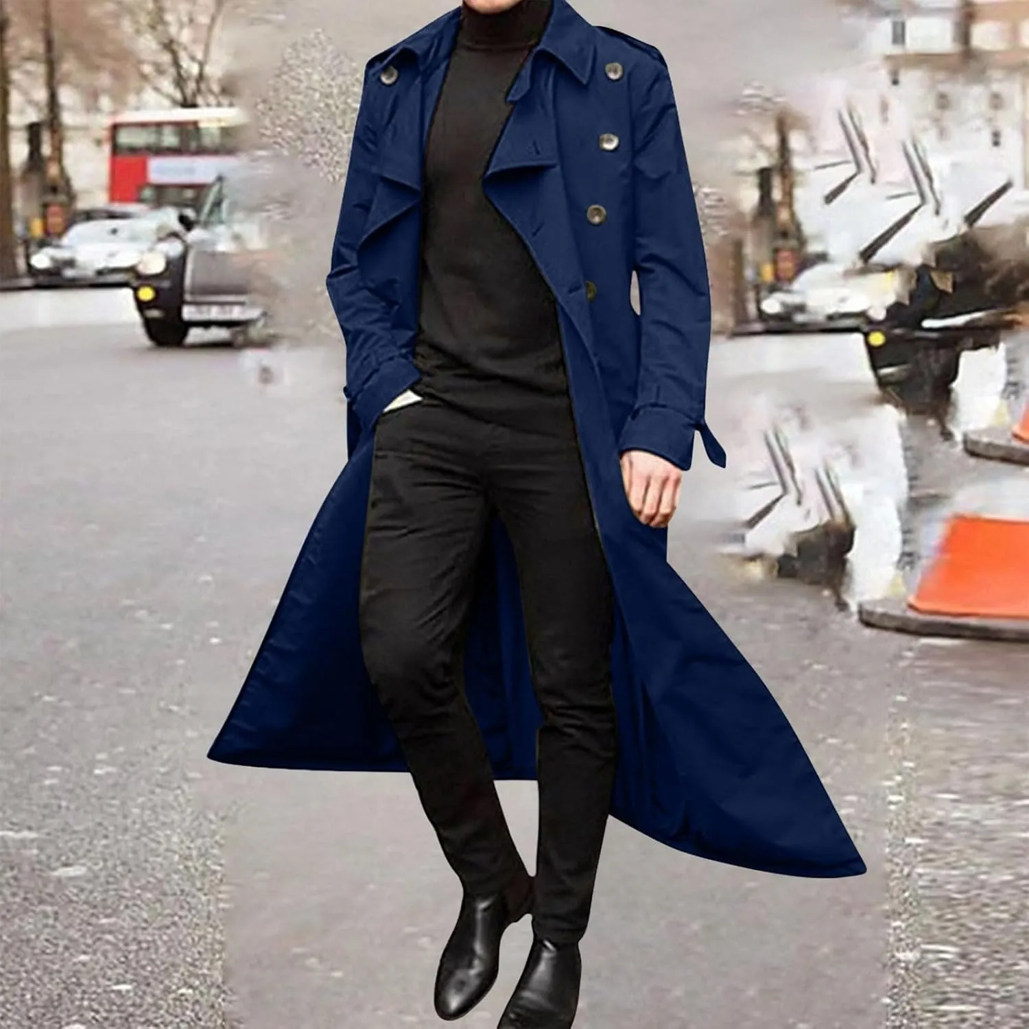 Men's Double Breasted Long Trench Coat Business Casual Oversized Windbreaker Notch Lapel Jacket Windproof Overcoat