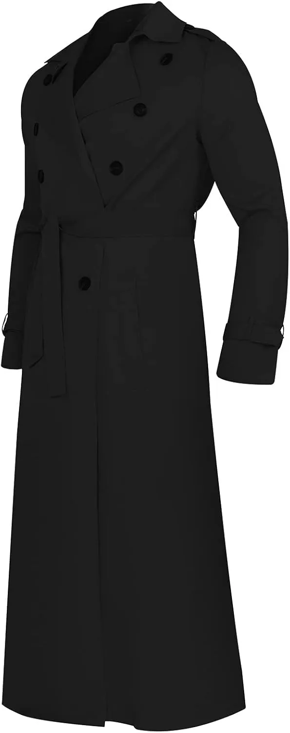 Men's Double Breasted Long Trench Coat Business Casual Oversized Windbreaker Notch Lapel Jacket Windproof Overcoat