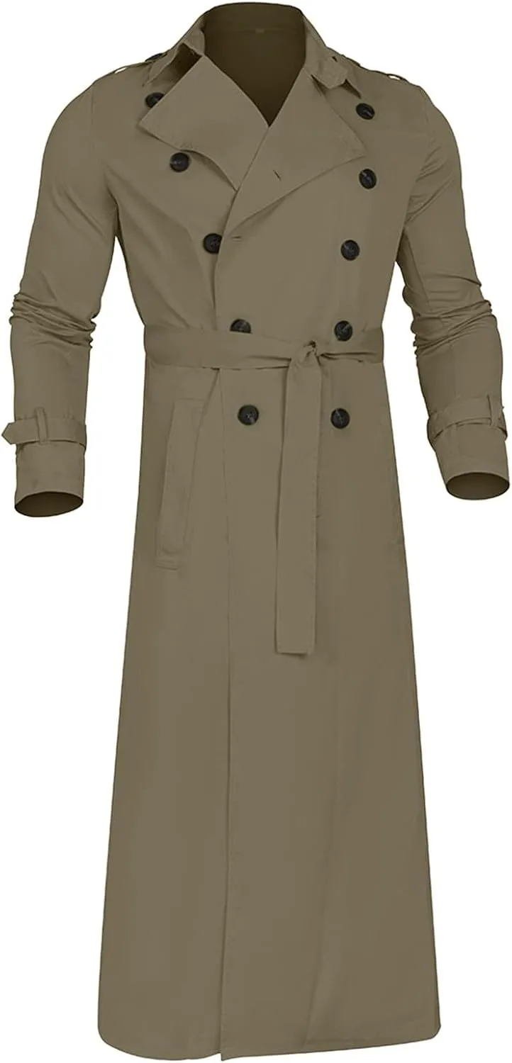 Men's Double Breasted Long Trench Coat Business Casual Oversized Windbreaker Notch Lapel Jacket Windproof Overcoat