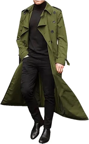 Men's Double Breasted Long Trench Coat Business Casual Oversized Windbreaker Notch Lapel Jacket Windproof Overcoat