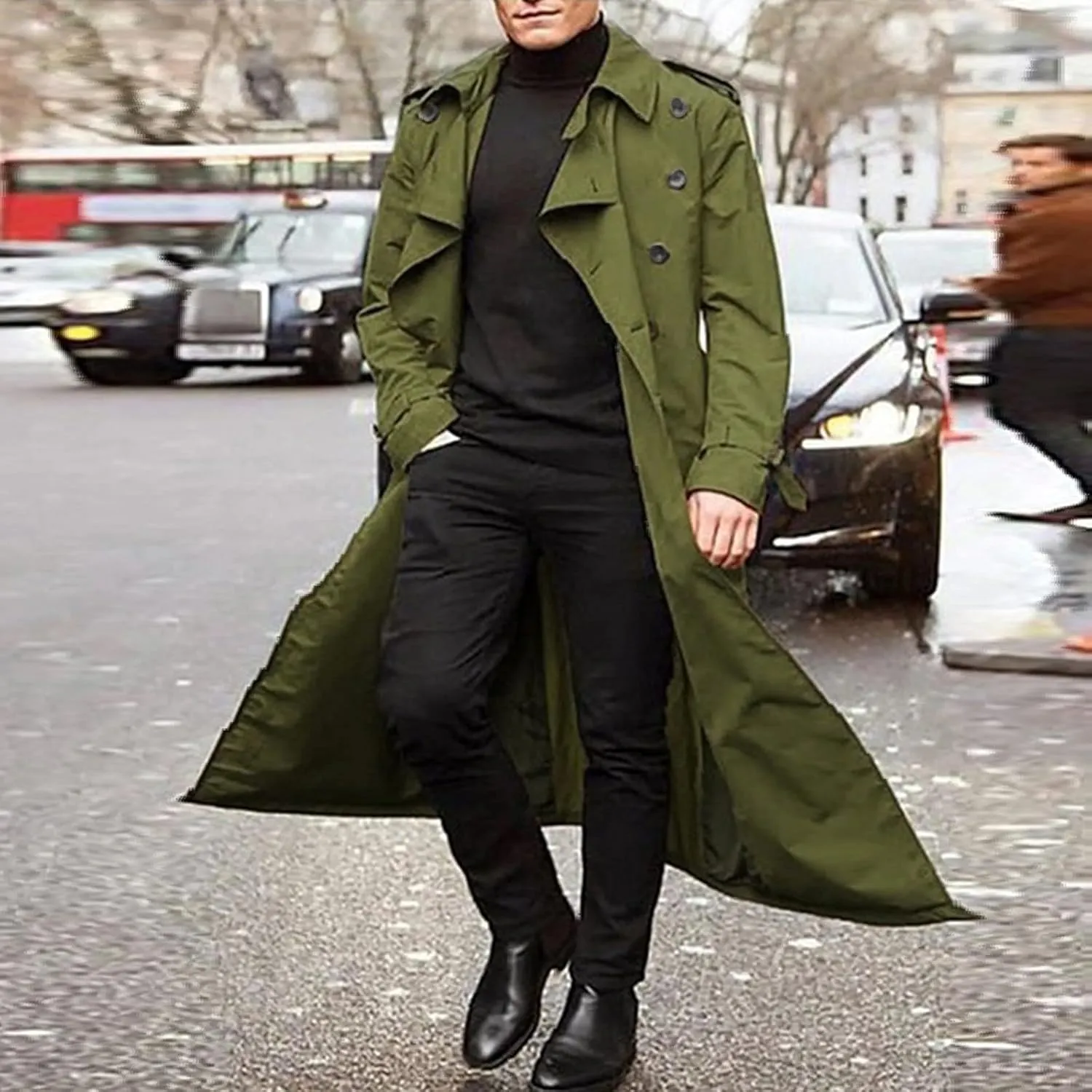 Men's Double Breasted Long Trench Coat Business Casual Oversized Windbreaker Notch Lapel Jacket Windproof Overcoat
