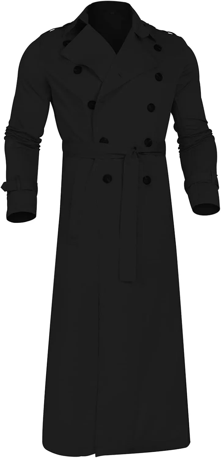 Men's Double Breasted Long Trench Coat Business Casual Oversized Windbreaker Notch Lapel Jacket Windproof Overcoat