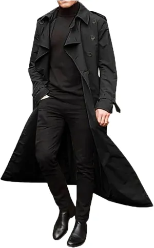 Men's Double Breasted Long Trench Coat Business Casual Oversized Windbreaker Notch Lapel Jacket Windproof Overcoat