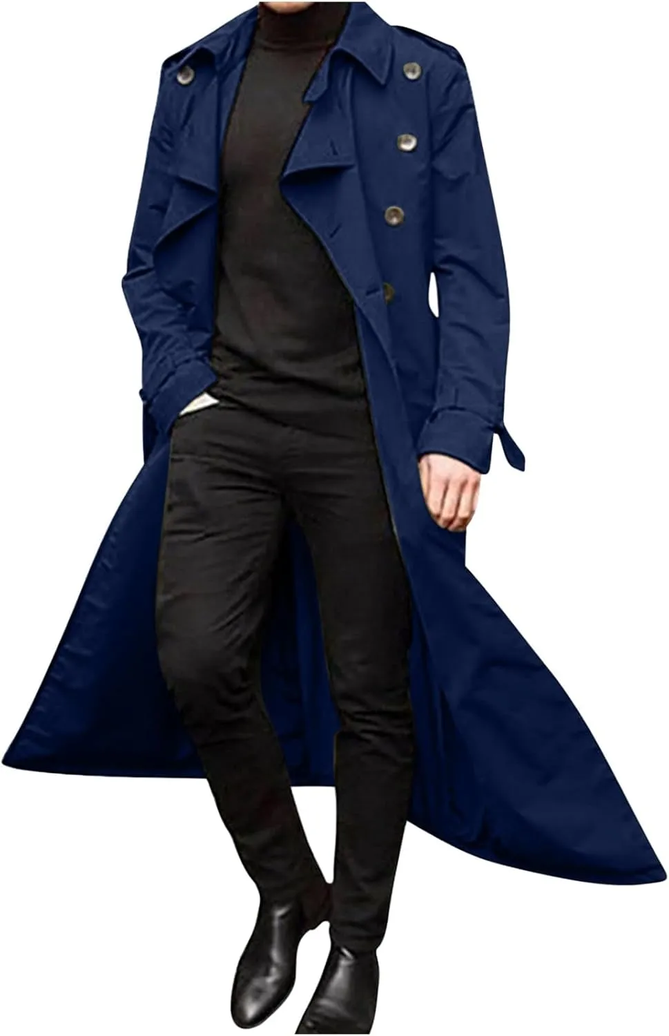 Men's Double Breasted Long Trench Coat Business Casual Oversized Windbreaker Notch Lapel Jacket Windproof Overcoat