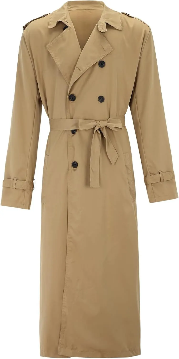 Men's Double Breasted Long Trench Coat Business Casual Oversized Windbreaker Notch Lapel Jacket Windproof Overcoat
