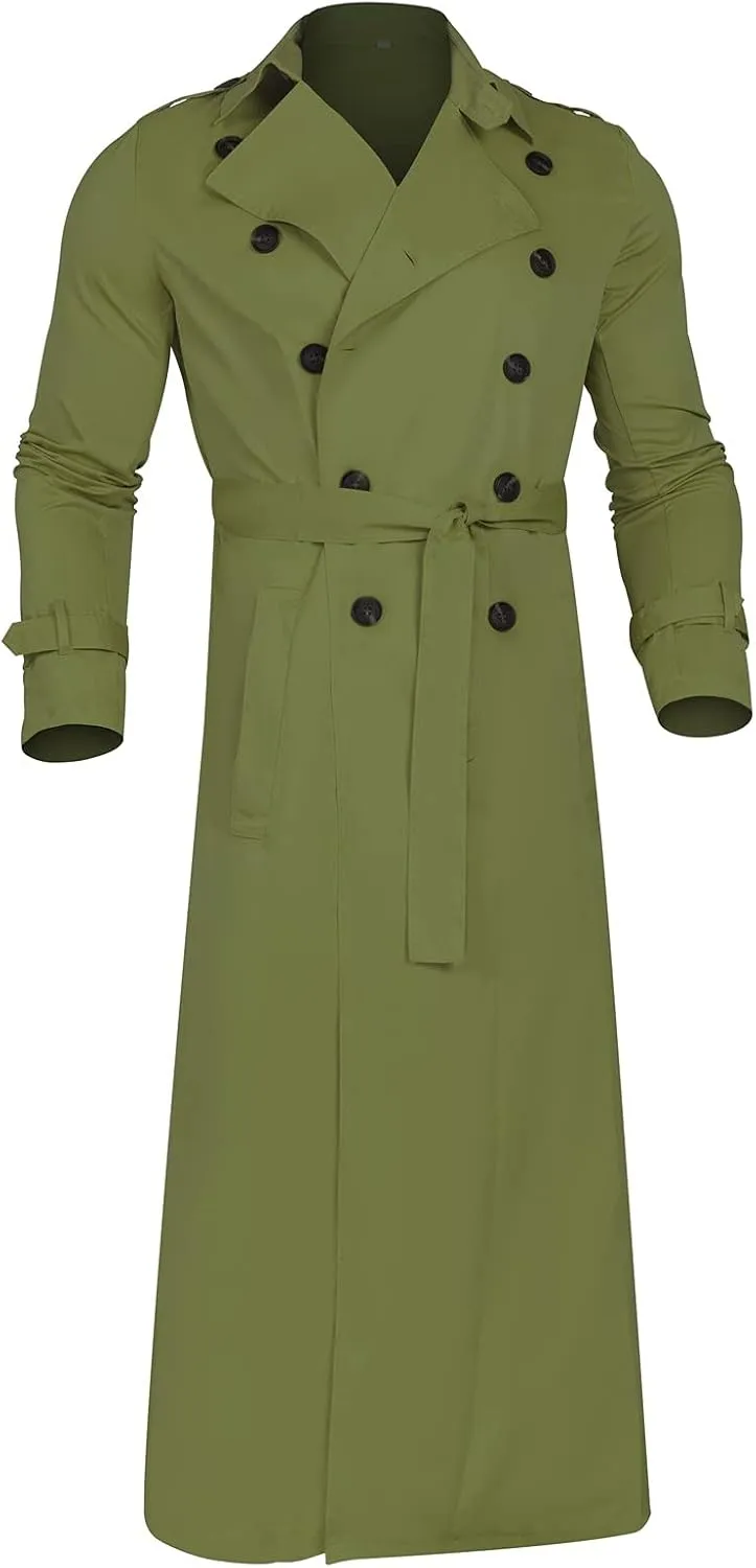 Men's Double Breasted Long Trench Coat Business Casual Oversized Windbreaker Notch Lapel Jacket Windproof Overcoat