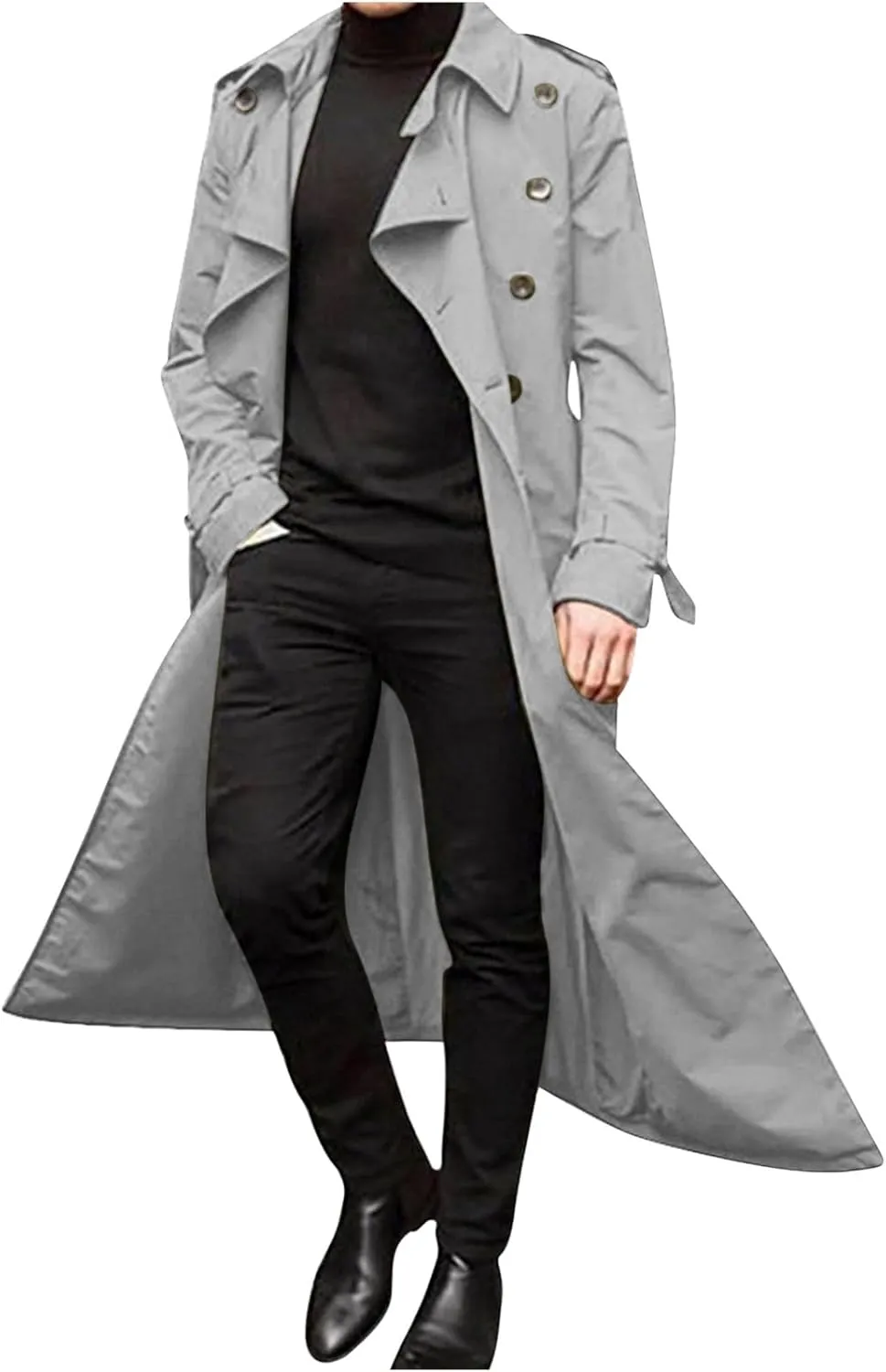 Men's Double Breasted Long Trench Coat Business Casual Oversized Windbreaker Notch Lapel Jacket Windproof Overcoat
