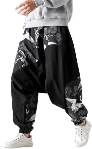 Men's Drawstring Boho Hippie Harem Pants Flying Crane Loose Drop Crotch Trousers Calligraphy Print Yoga Genie Pants (Black-1,Medium,Men,Male,Adult,US,Alpha,30.99,Medium,Regular,Regular)
